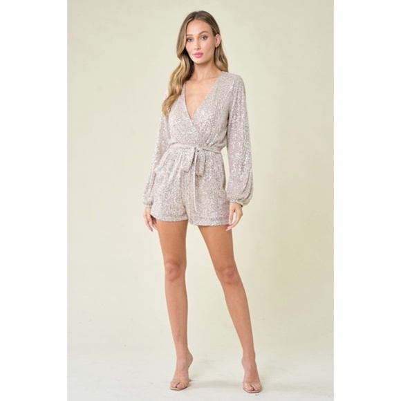 Champagne Sparkling Metallic Sequin Holiday Cocktail Wrap Style Romper - Picture 5 of 8